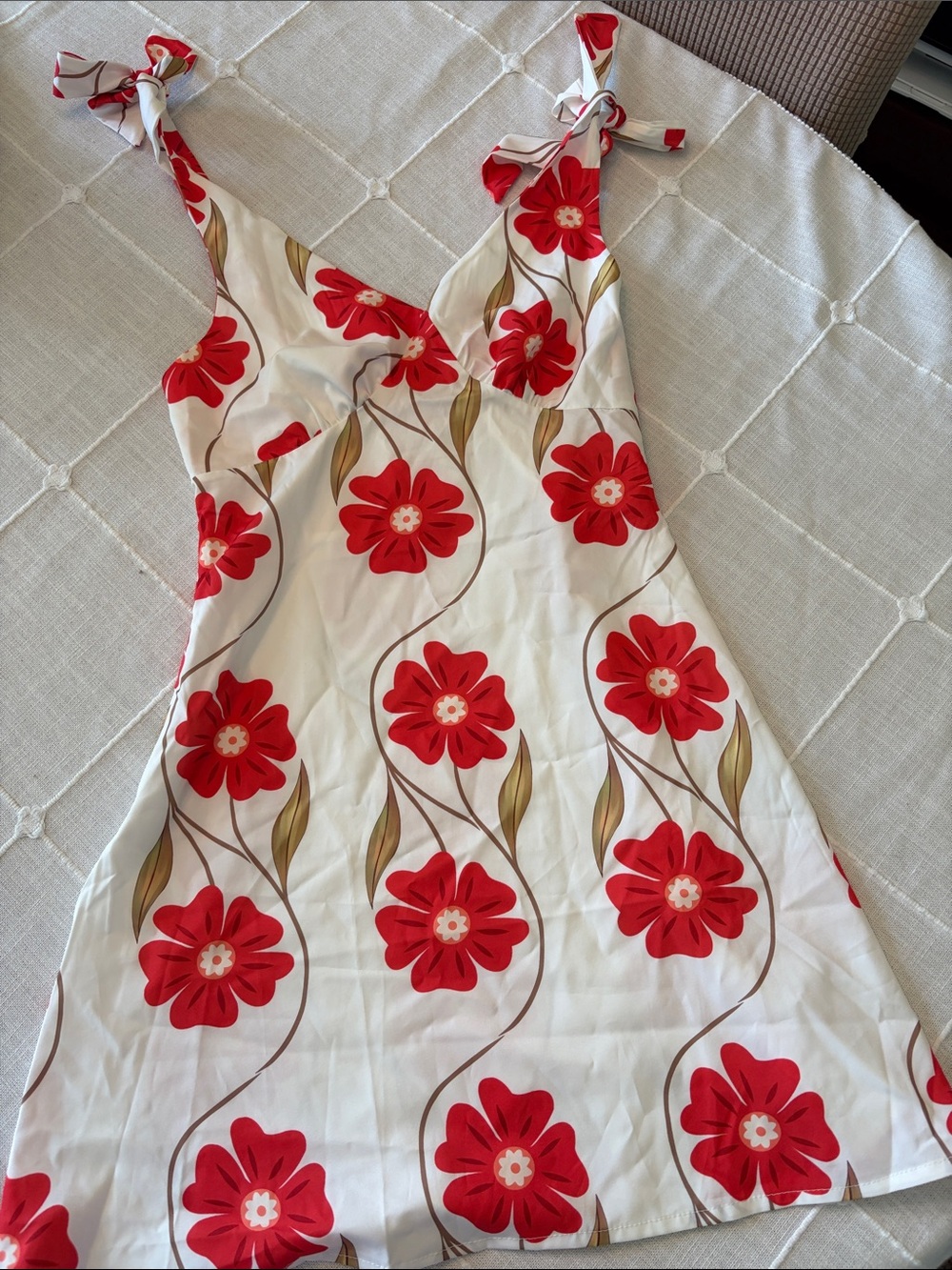 White Sundress with Bold Red Floral Print